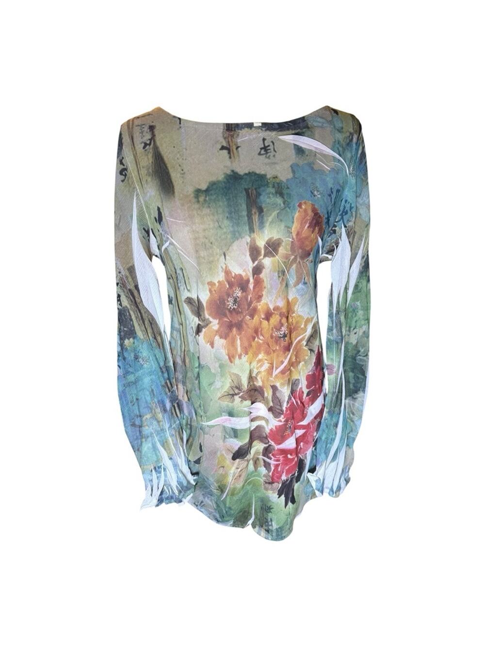 Y2K Semi Sheer Floral Asian Inspired Tunic Top Women Size M Ethereal Boho Artsy
